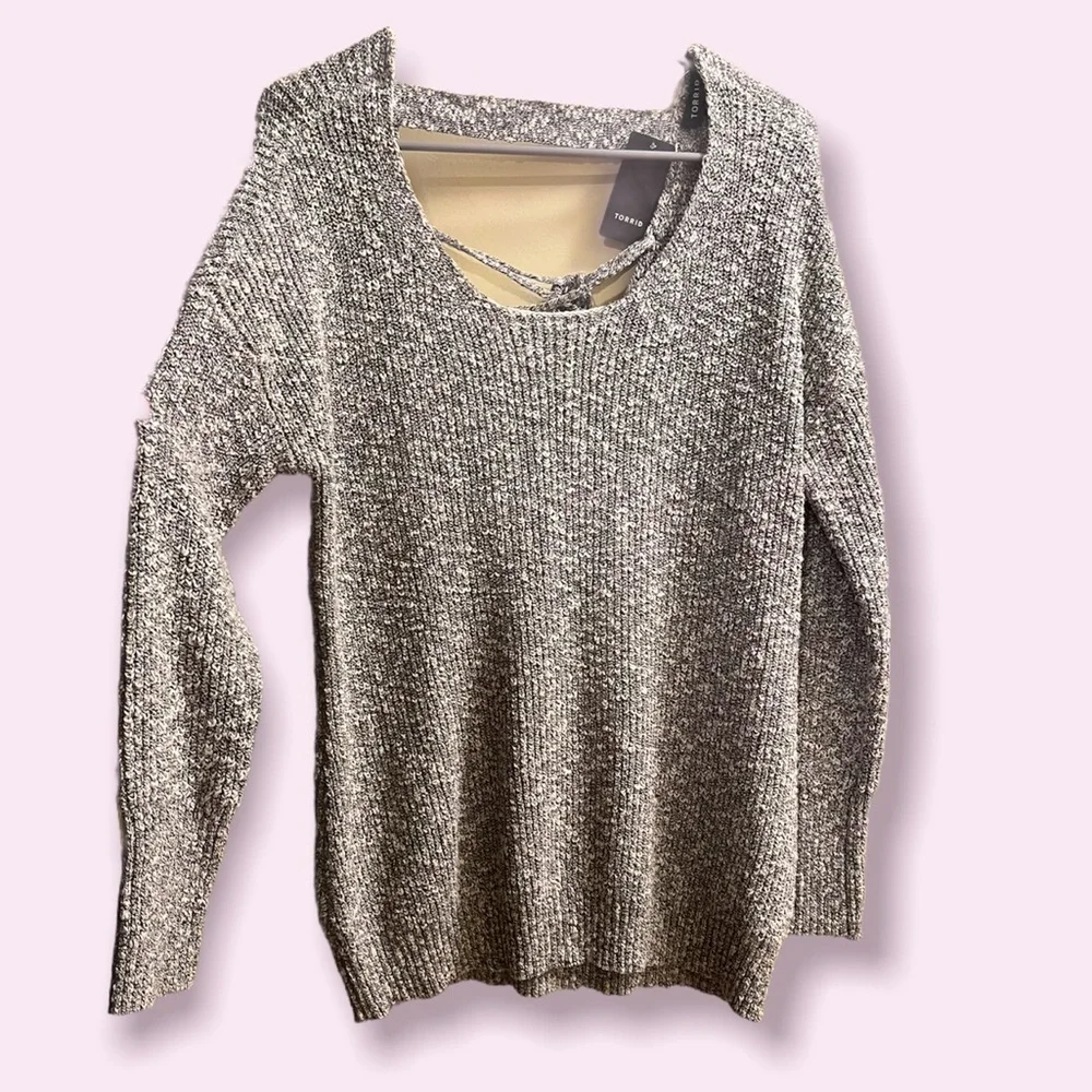TORRID Heather Grey Marled Knit Lace Up Back Sweater Long Sleeve - Picture 2 of 7